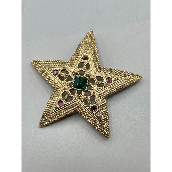 1928 Brand Star Pin Brooch Gold Tone and Jewel Tones Rhinestones Vintage Jewelry - Picture 2 of 6